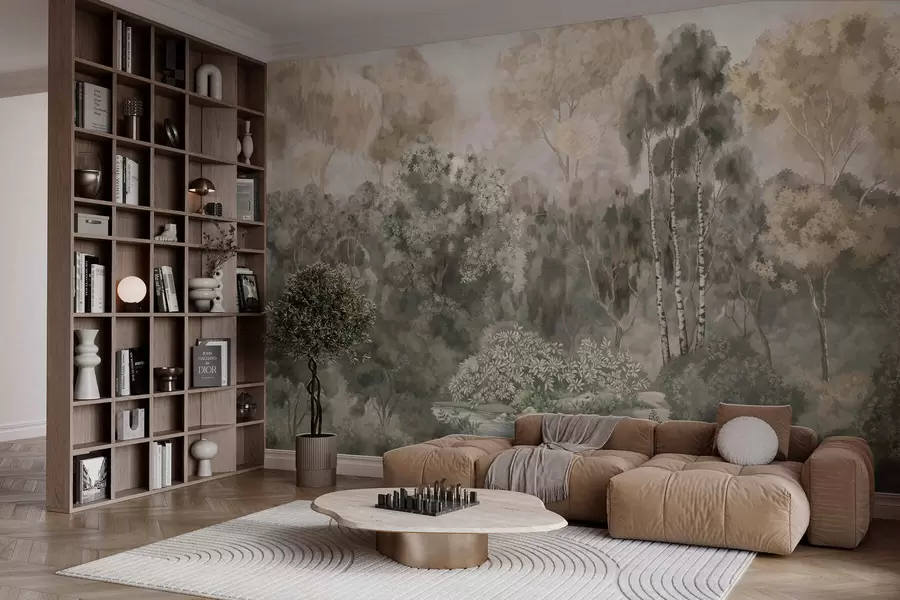 murales de pared Paisaje forestal con un río y árboles frondosos w05542v1