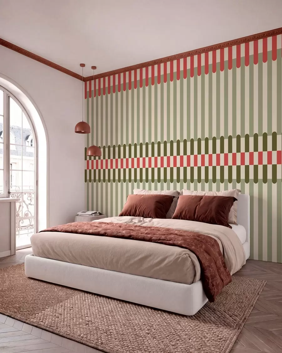 murales de pared Diseño a rayas en tonos verdes y coral w05150v4