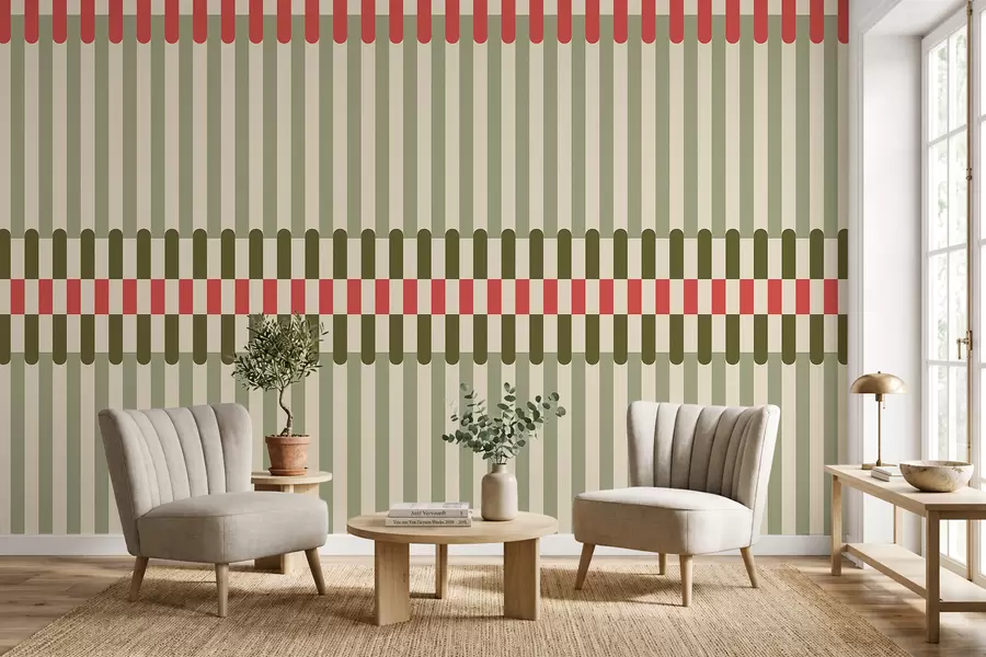 murales de pared Diseño a rayas en tonos verdes y coral w05150v4