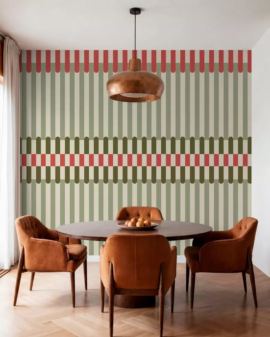 murales de pared Diseño a rayas en tonos verdes y coral w05150v4