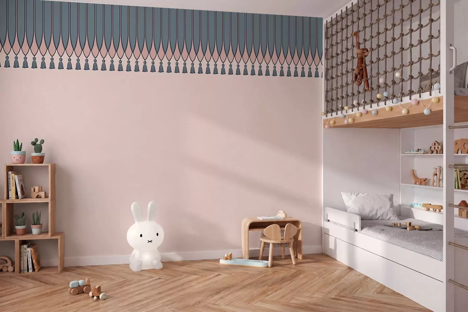 murales de pared Cenefa decorativa con borlas en tonos rosas y azules w05544