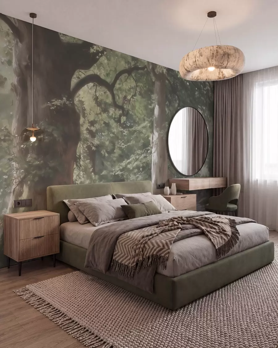 murales de pared Paisaje de bosque de cuento de hadas en una suave paleta de tonos verde y beige, con estilo pictórico w09845