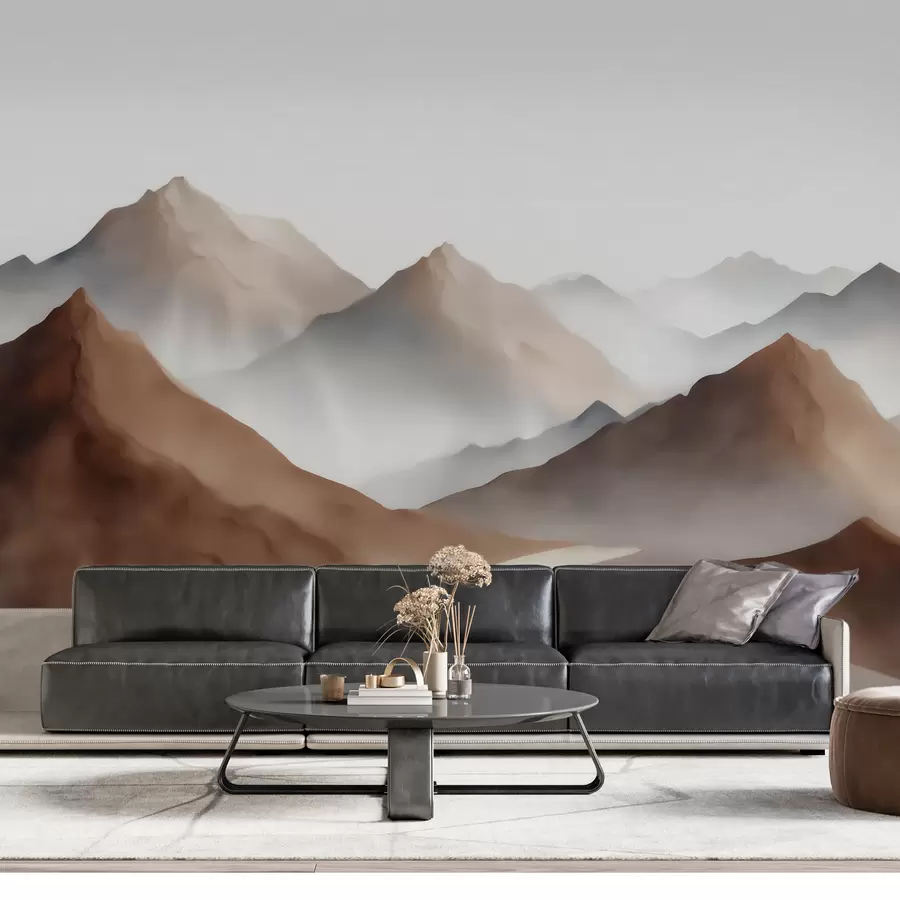 murales de pared Cumbres brumosas en tonos beige y marrón, con un estilo de acuarela w09857
