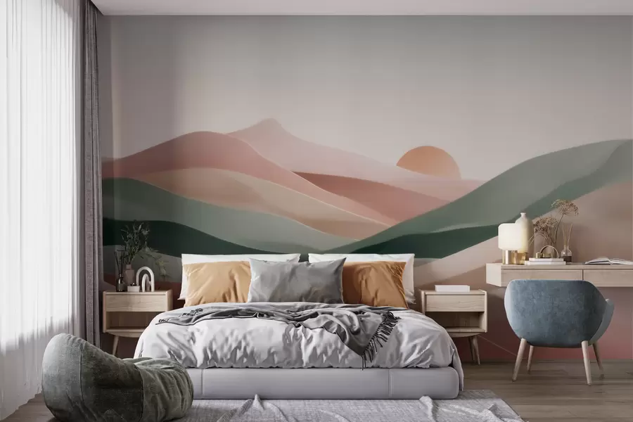 murales de pared Paisaje desértico abstracto en una paleta de tonos verde y rosa pastel, minimalismo w09860