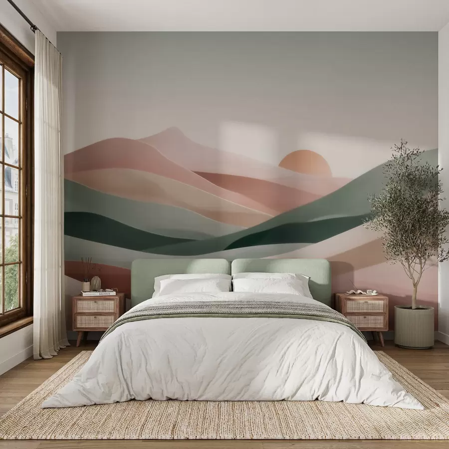 murales de pared Paisaje desértico abstracto en una paleta de tonos verde y rosa pastel, minimalismo w09860
