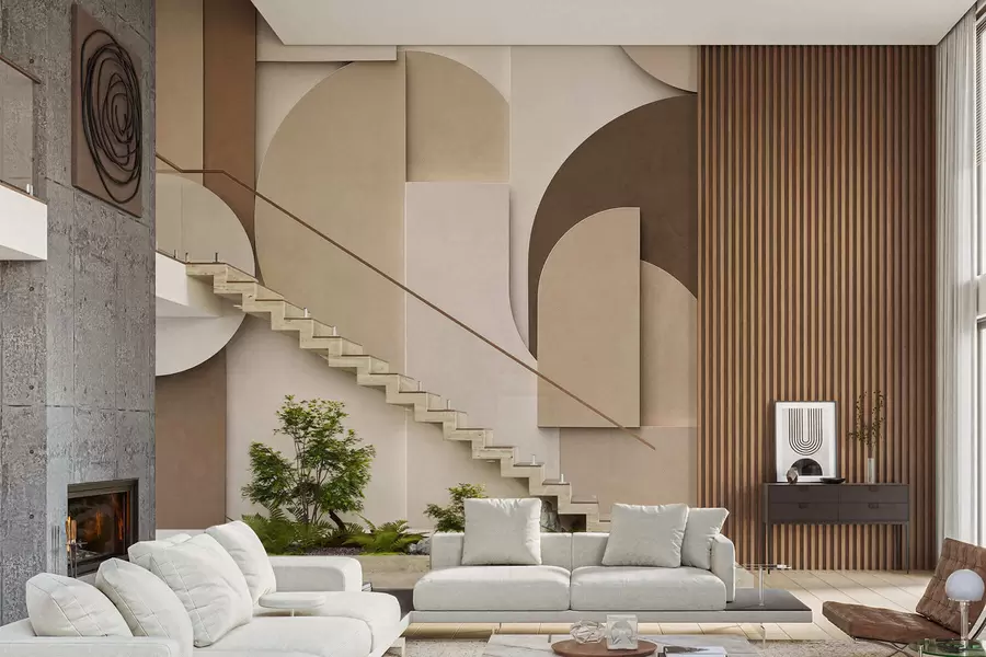 murales de pared Formas geométricas en beige con textura en una composición tridimensional en capas; obra de arte minimalista y moderna para la pared w05598