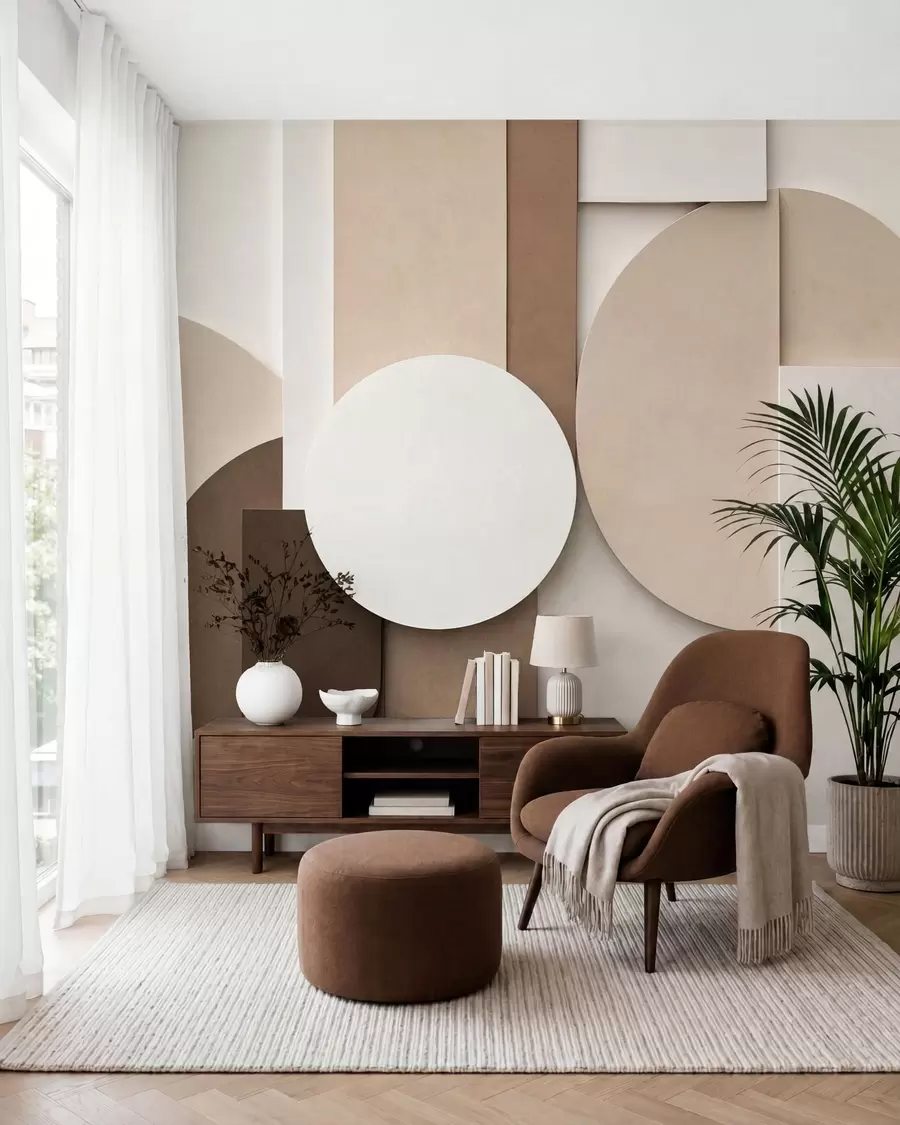 murales de pared Formas geométricas en beige con textura en una composición tridimensional en capas; obra de arte minimalista y moderna para la pared w05598