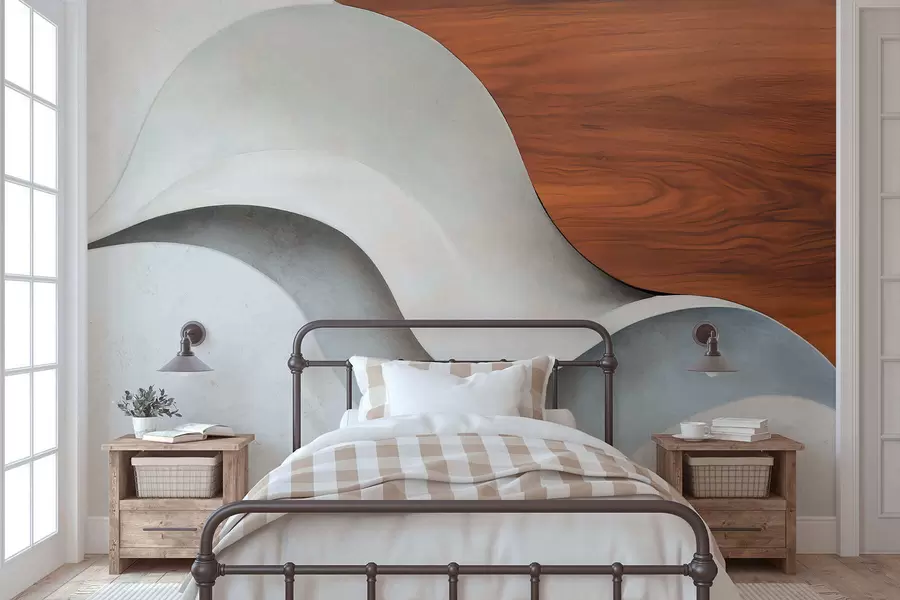 murales de pared Ondas abstractas fluidas con cálidos toques de madera, diseño contemporáneo minimalista w05599