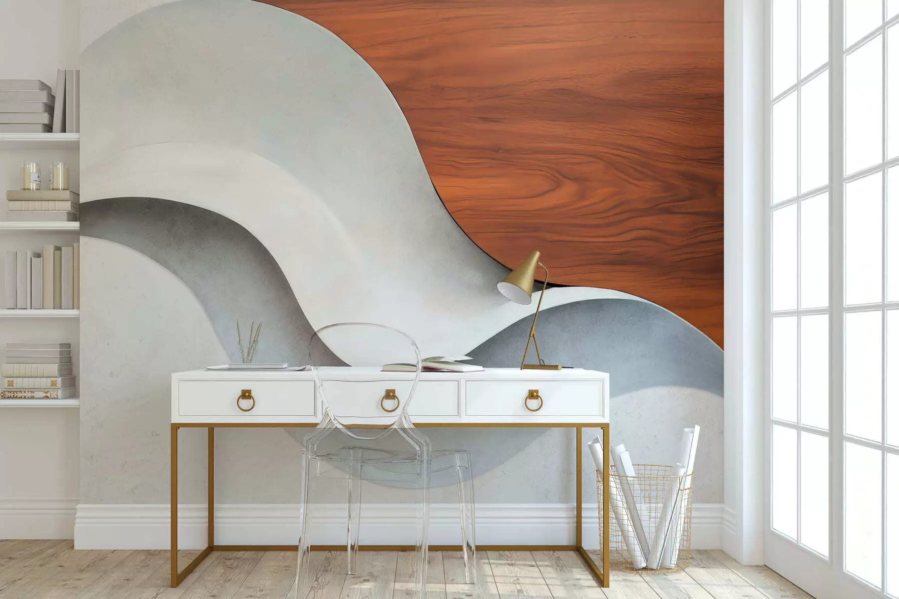 murales de pared Ondas abstractas fluidas con cálidos toques de madera, diseño contemporáneo minimalista w05599