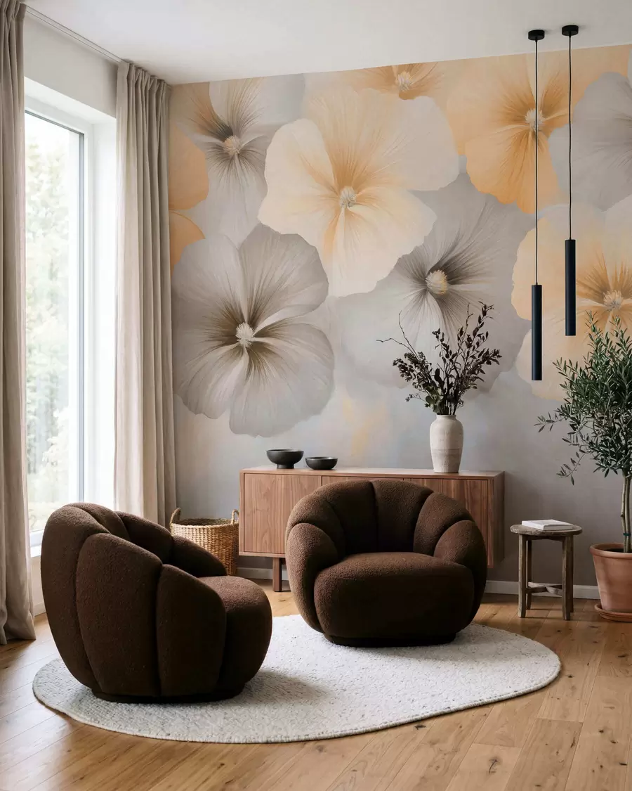 murales de pared Flores en tonos pastel suaves, con matices de amarillo cremoso y gris, sobre un fondo delicado w05600