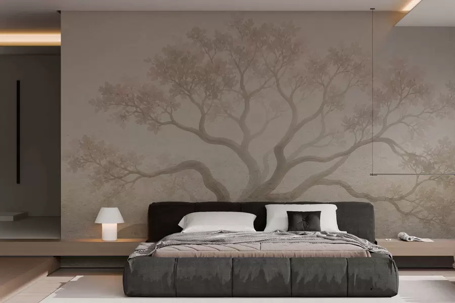 murales de pared Paisaje minimalista de un árbol envuelto en niebla en suaves tonos beige; arte atmosférico y evocador w05602