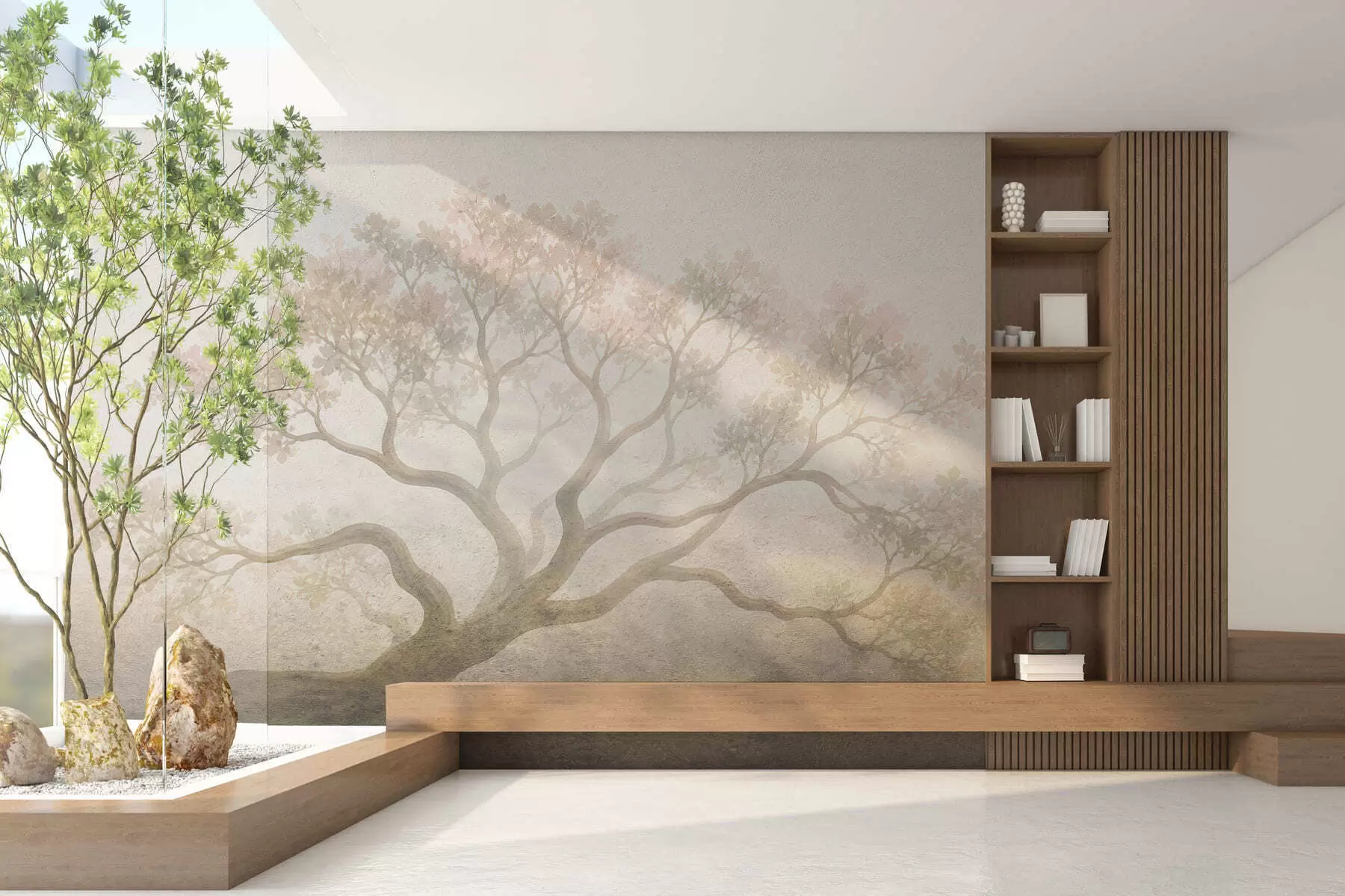 murales de pared Paisaje minimalista de un árbol envuelto en niebla en suaves tonos beige; arte atmosférico y evocador w05602