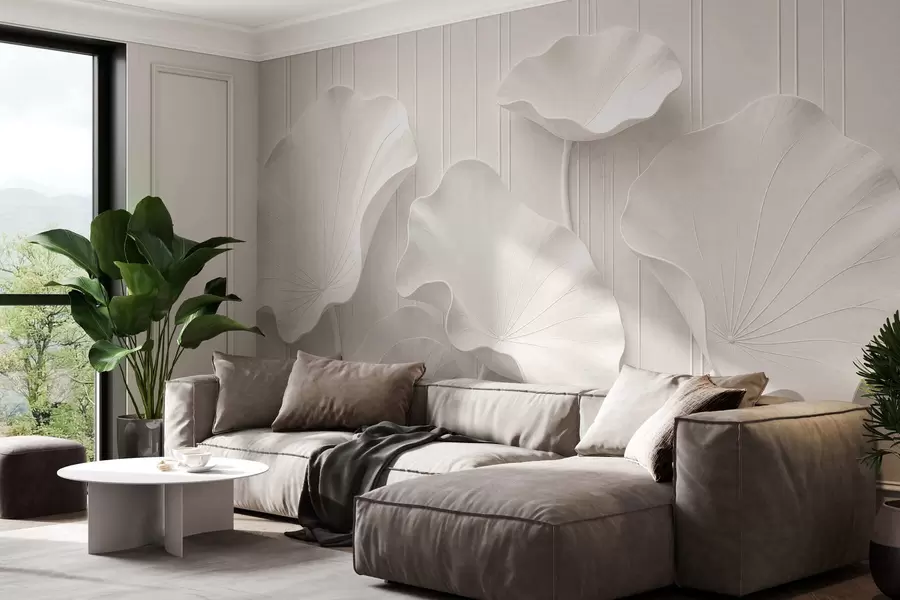 murales de pared Relieve floral escultural en blanco con pétalos superpuestos, un elegante adorno de pared en 3D w05604