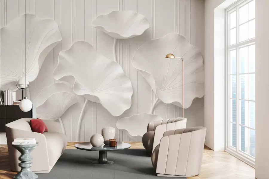 murales de pared Relieve floral escultural en blanco con pétalos superpuestos, un elegante adorno de pared en 3D w05604