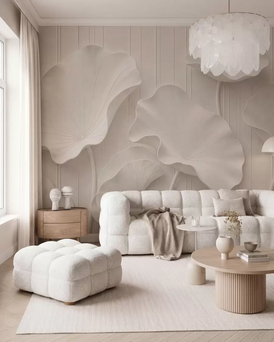 murales de pared Relieve floral escultural en blanco con pétalos superpuestos, un elegante adorno de pared en 3D w05604