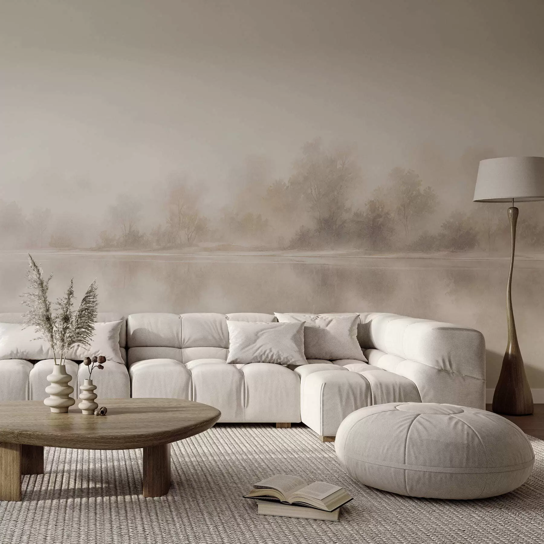 murales de pared Paisaje brumoso minimalista con delicados reflejos en tonos neutros cálidos w05606