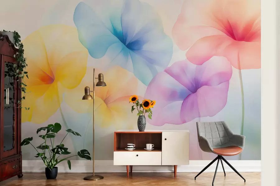 murales de pared Flores coloridas y translúcidas en suaves tonos pastel con un efecto de acuarela de ensueño w05607