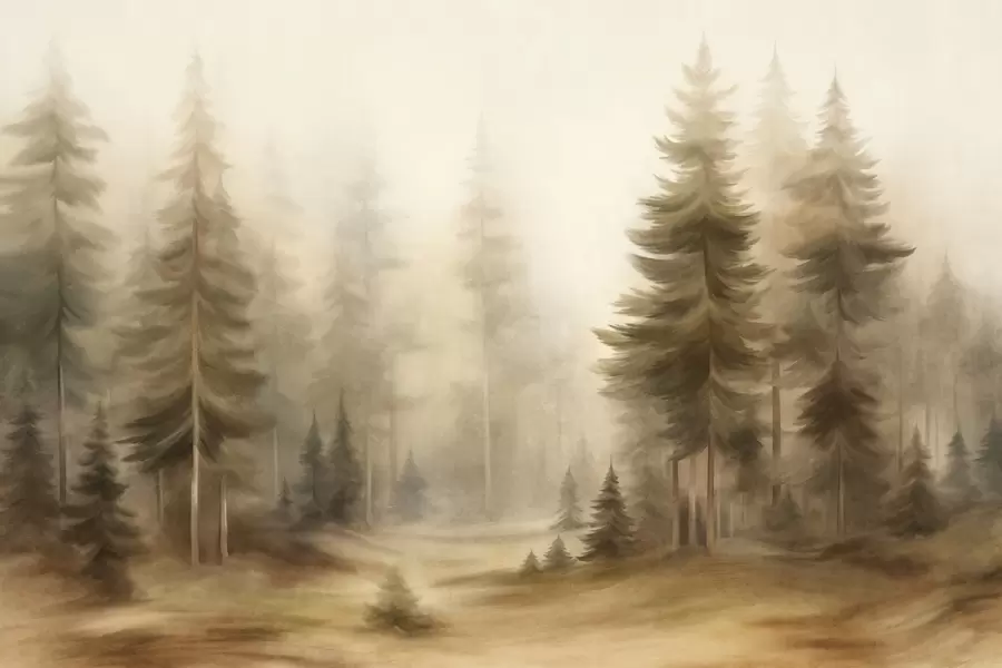 murales de pared Un bosque frondoso con altos pinos envueltos en una ligera niebla; obra de arte paisajística con textura w09830
