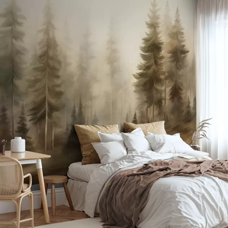 murales de pared Un bosque frondoso con altos pinos envueltos en una ligera niebla; obra de arte paisajística con textura w09830
