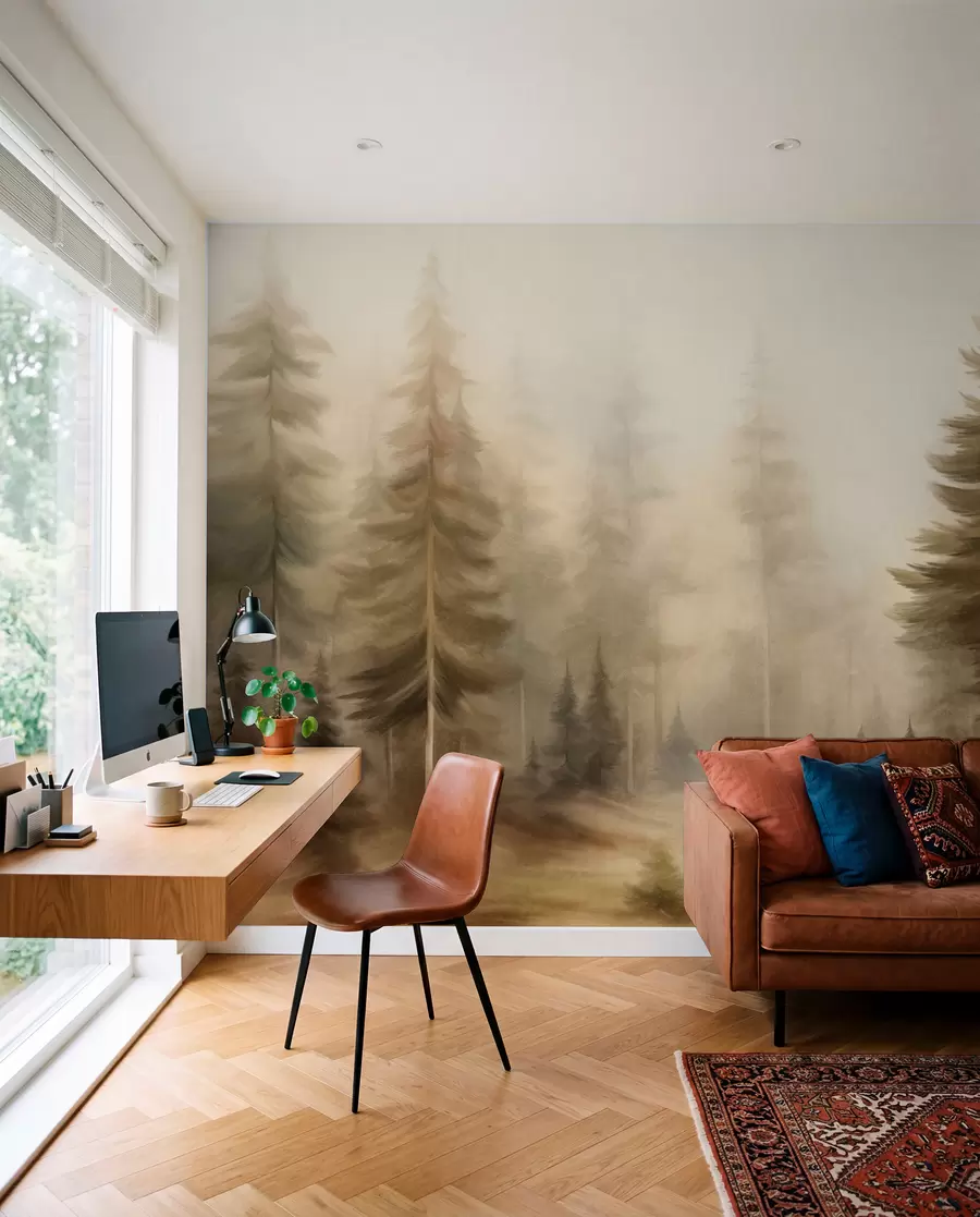 murales de pared Un bosque frondoso con altos pinos envueltos en una ligera niebla; obra de arte paisajística con textura w09830