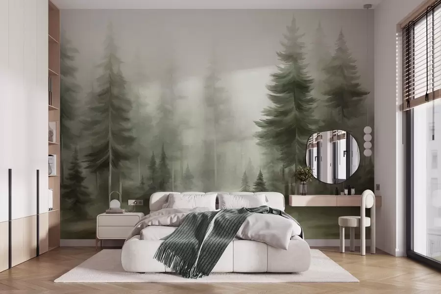murales de pared Un bosque frondoso con altos pinos envueltos en una ligera niebla; obra de arte paisajística con textura w09830v1