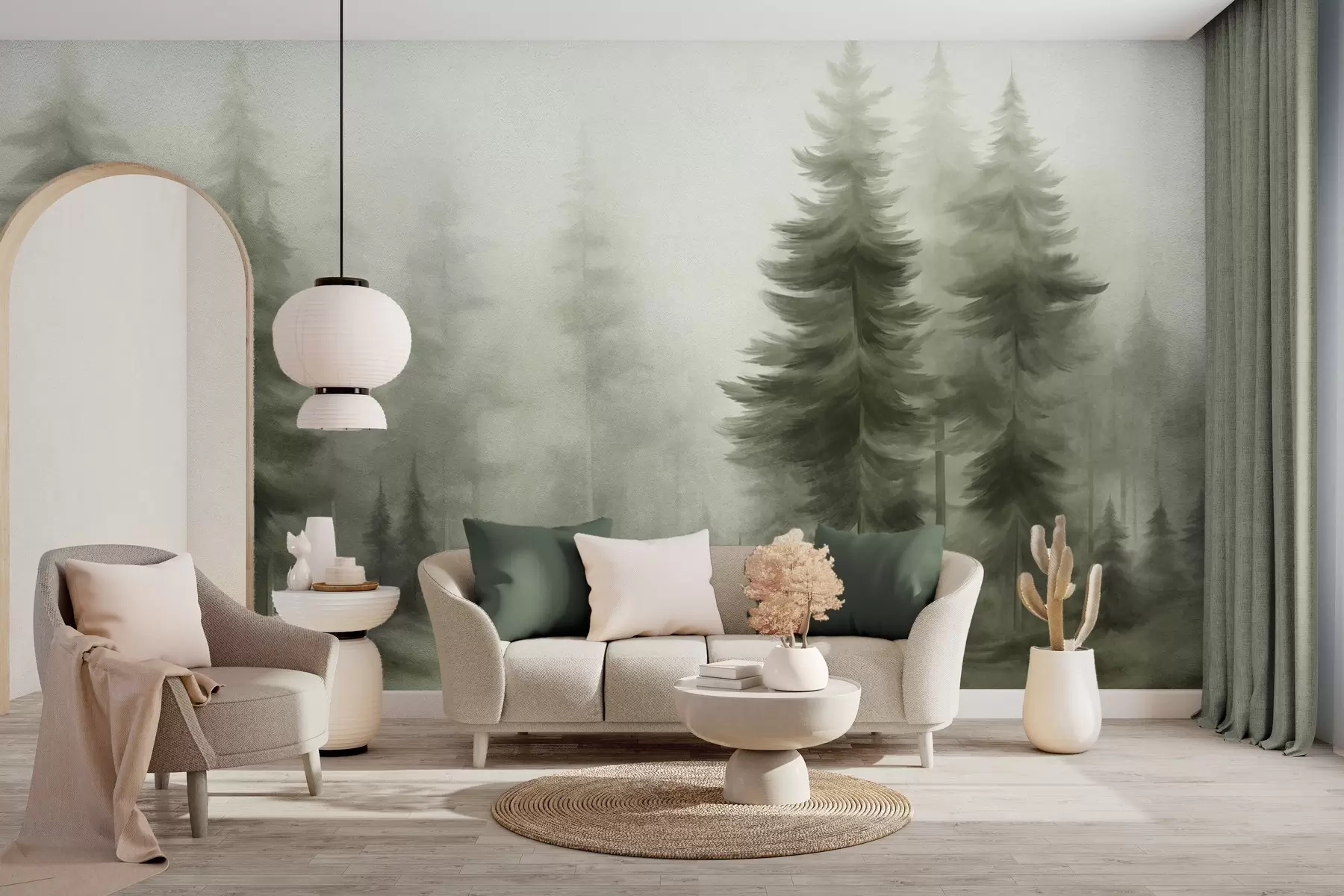 murales de pared Un bosque frondoso con altos pinos envueltos en una ligera niebla; obra de arte paisajística con textura w09830v1