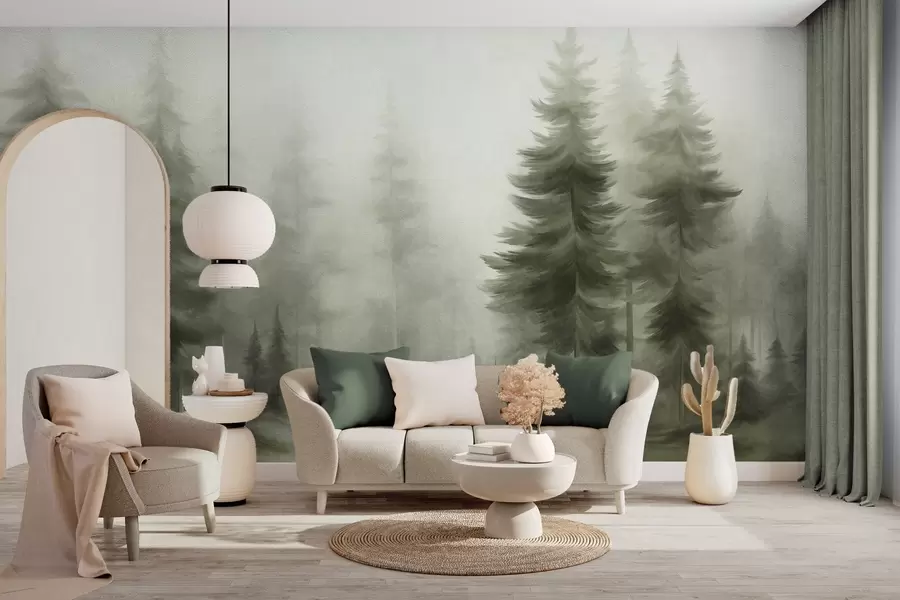 murales de pared Un bosque frondoso con altos pinos envueltos en una ligera niebla; obra de arte paisajística con textura w09830v1