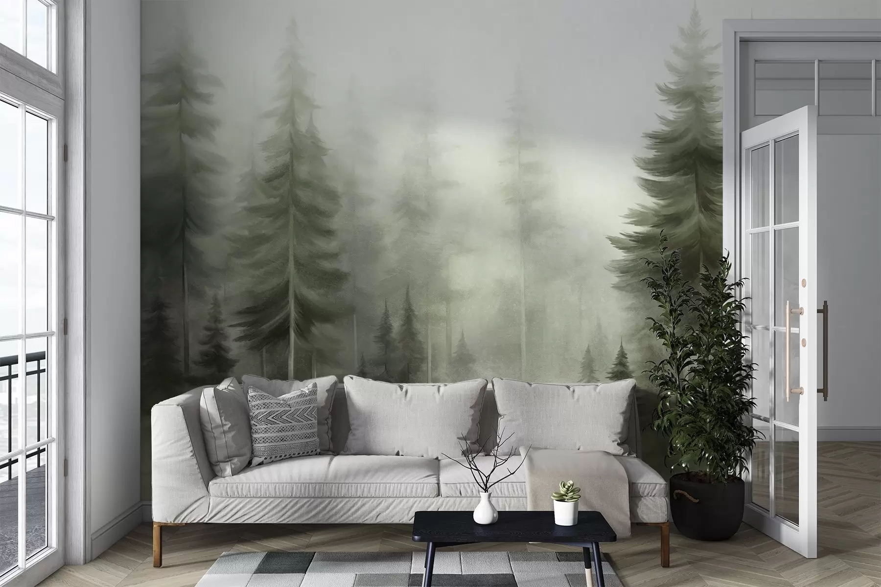murales de pared Un bosque frondoso con altos pinos envueltos en una ligera niebla; obra de arte paisajística con textura w09830v1