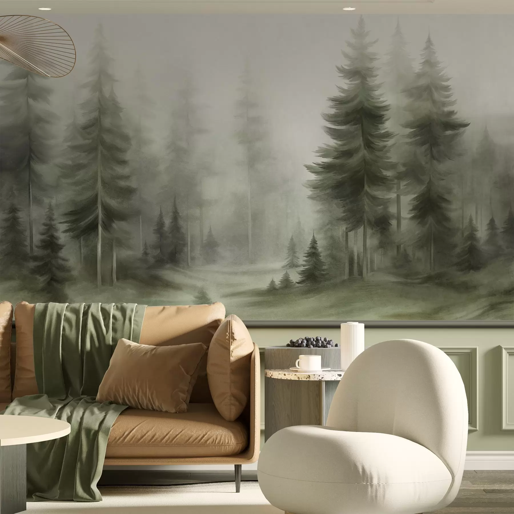 murales de pared Un bosque frondoso con altos pinos envueltos en una ligera niebla; obra de arte paisajística con textura w09830v1