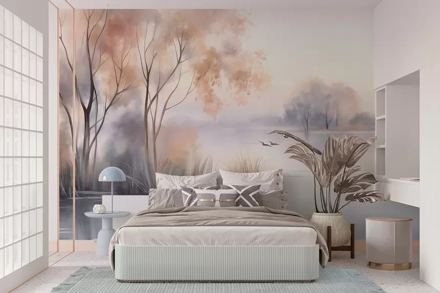 murales de pared Paisaje: un lago envuelto en niebla con árboles y juncos, pájaros volando, estilo de pintura en acuarela con textura w09866