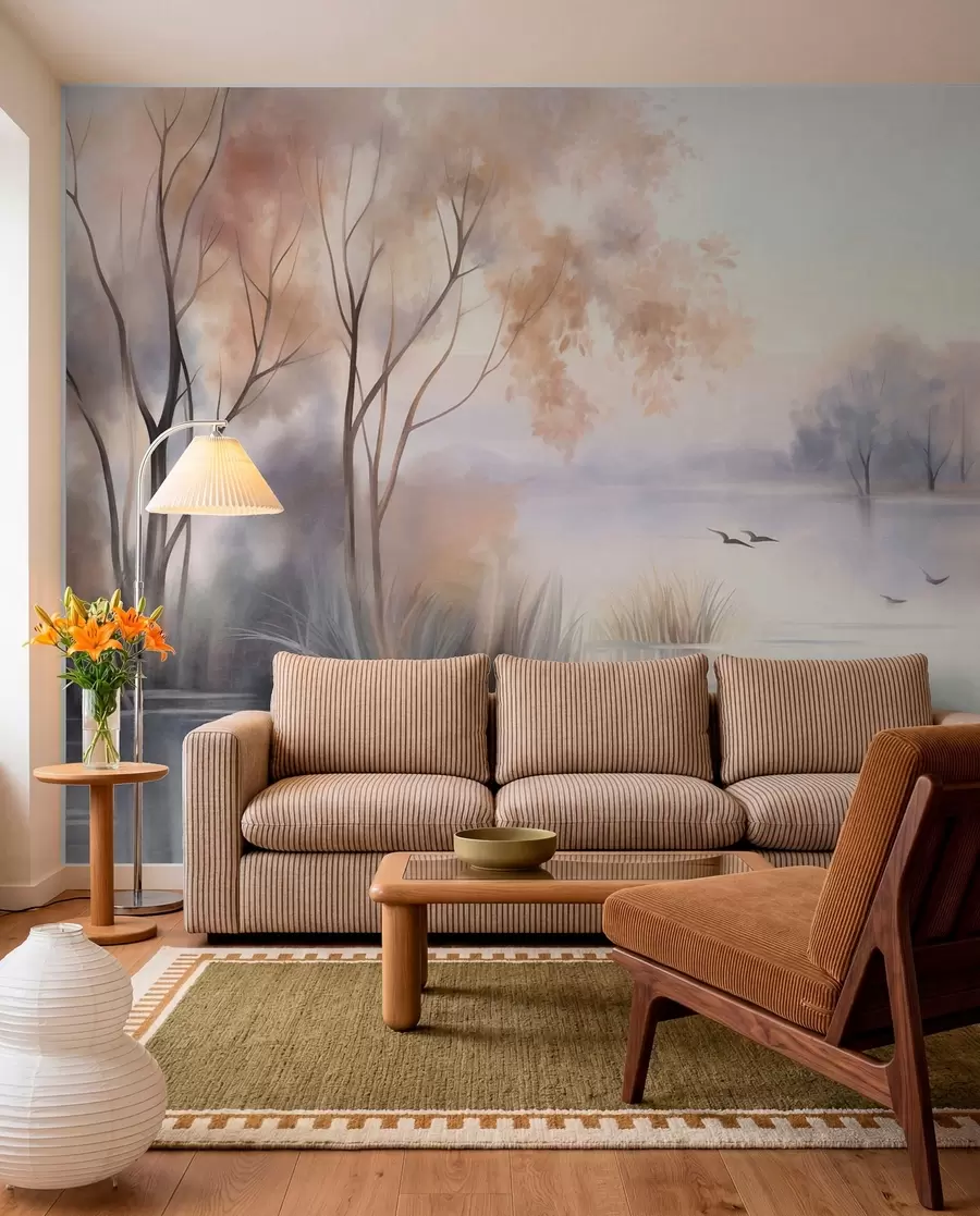 murales de pared Paisaje: un lago envuelto en niebla con árboles y juncos, pájaros volando, estilo de pintura en acuarela con textura w09866