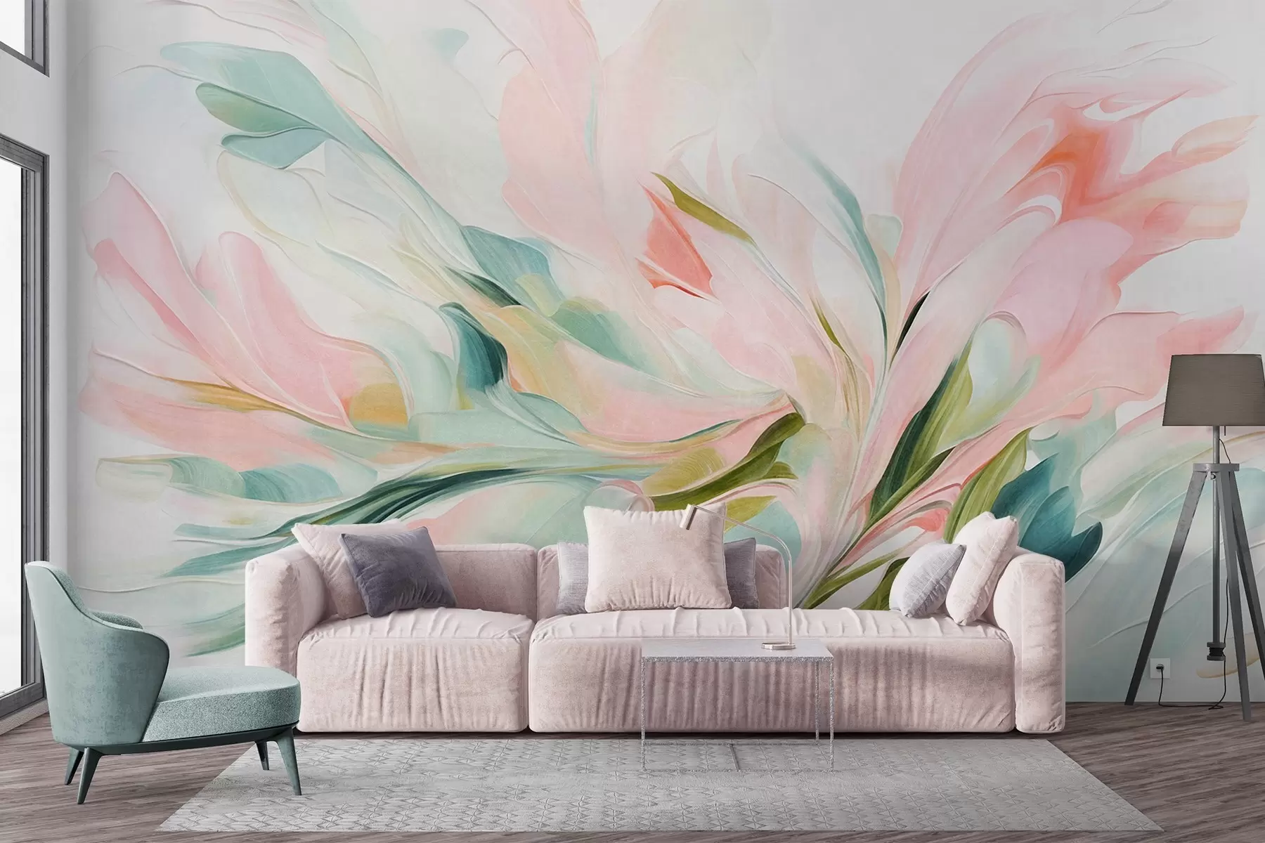 murales de pared Pintura floral abstracta con suaves pinceladas en tonos pastel sobre un fondo claro w09871