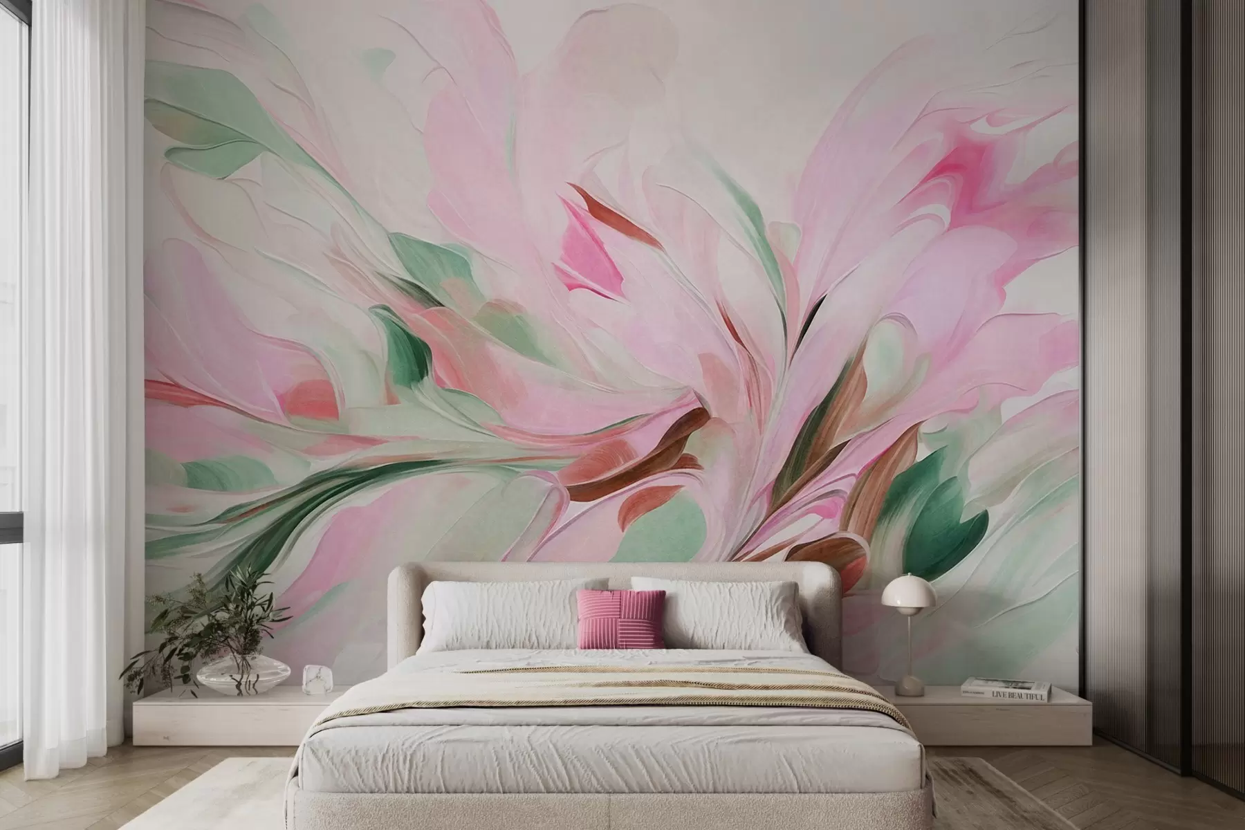 murales de pared Pintura floral abstracta con suaves pinceladas en tonos pastel sobre un fondo claro w09871v1