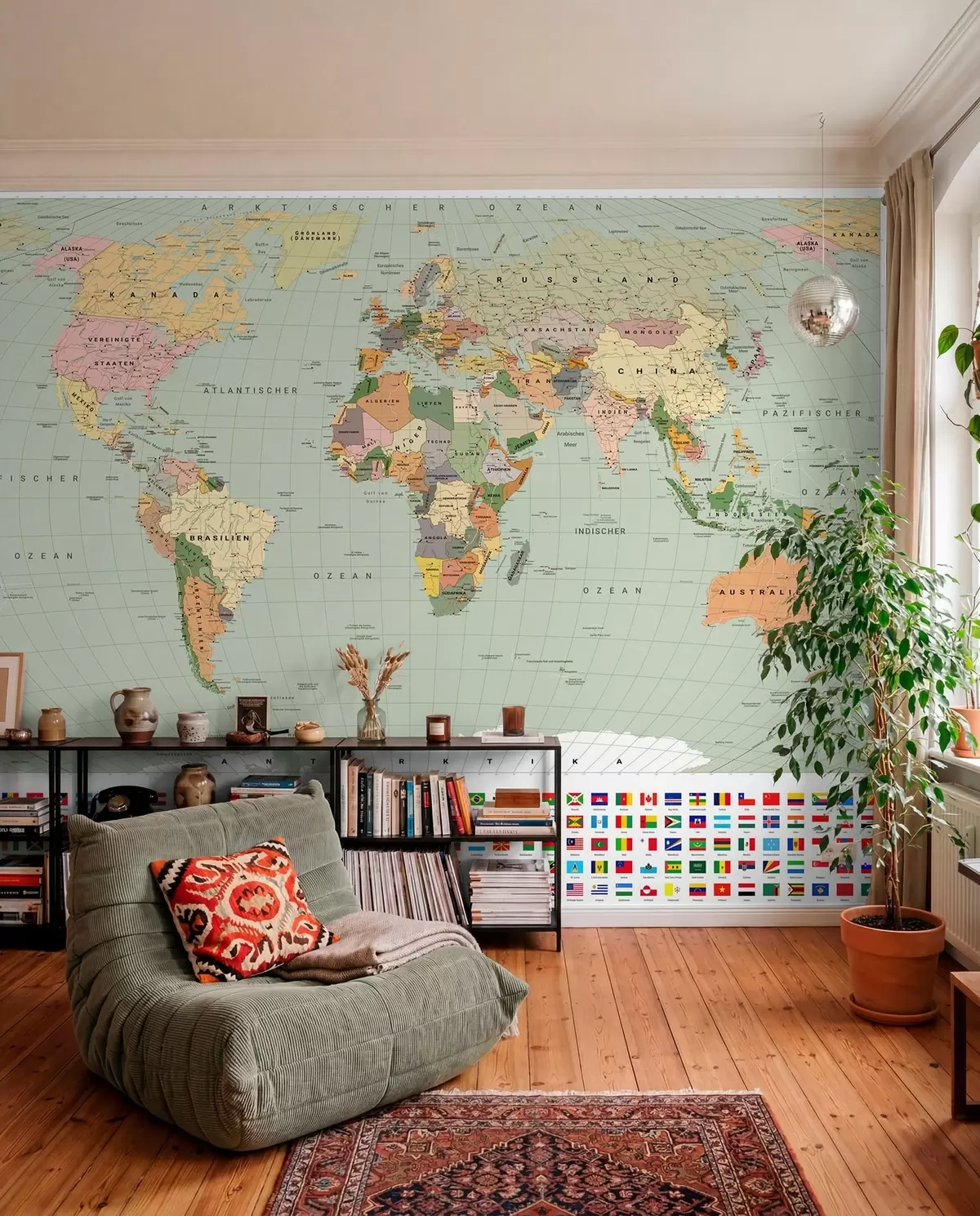 murales de pared Un mapa político del mundo de color oliva con banderas en alemán c00004dev1