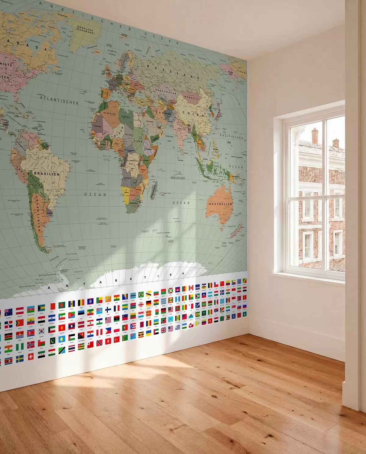 murales de pared Un mapa político del mundo de color oliva con banderas en alemán c00004dev1