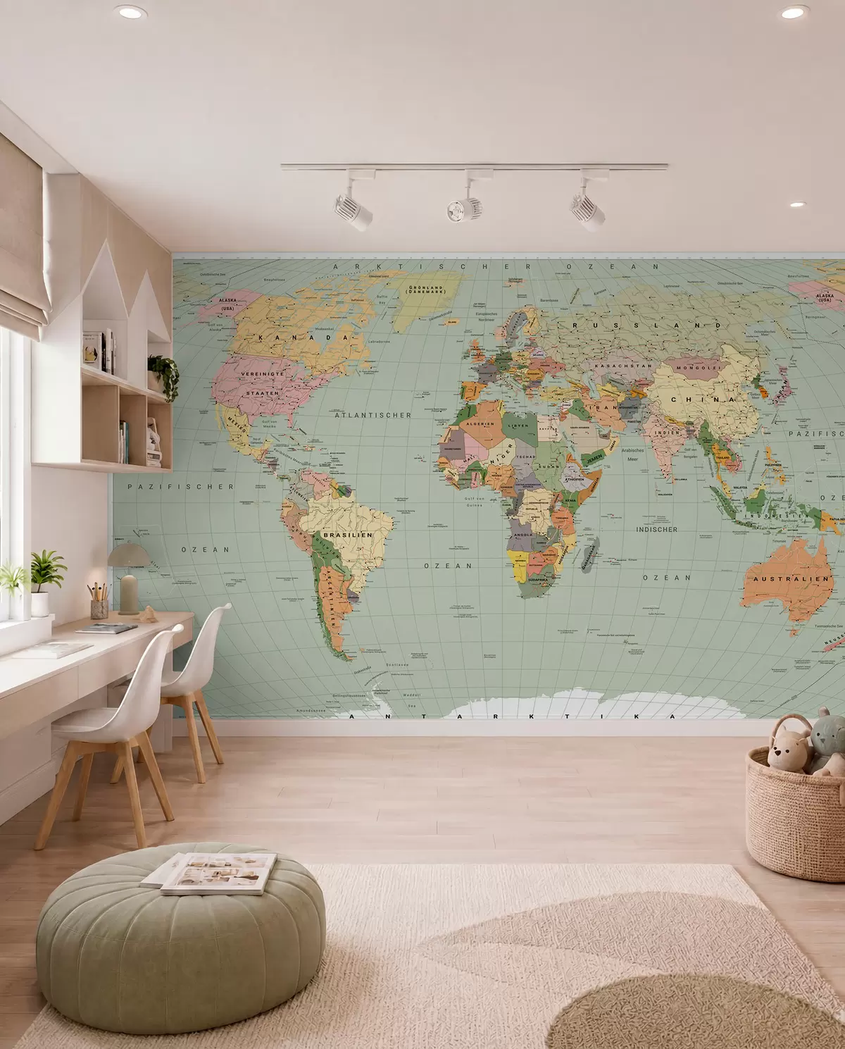 murales de pared Un mapa político del mundo de color oliva con banderas en alemán c00004dev1