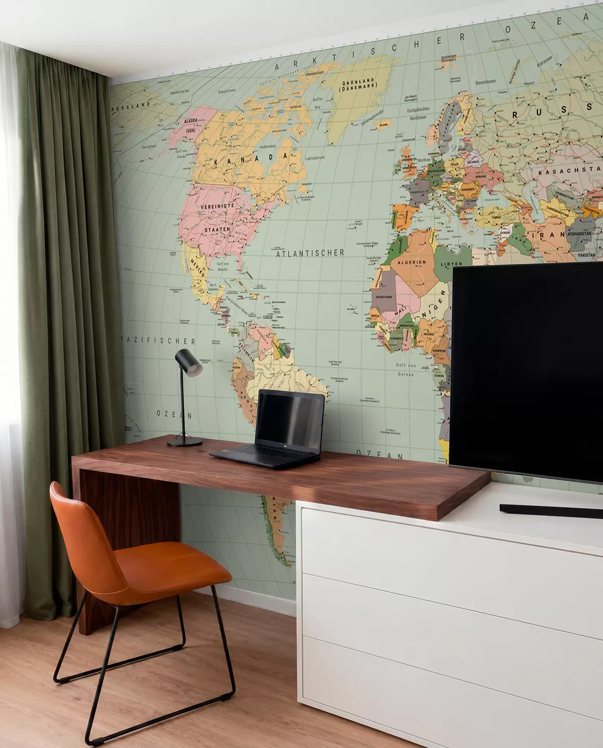 murales de pared Un mapa político del mundo de color oliva con banderas en alemán c00004dev1