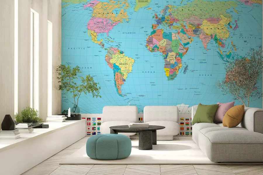 murales de pared Un mapa político del mundo a color con banderas, en inglés c00004en