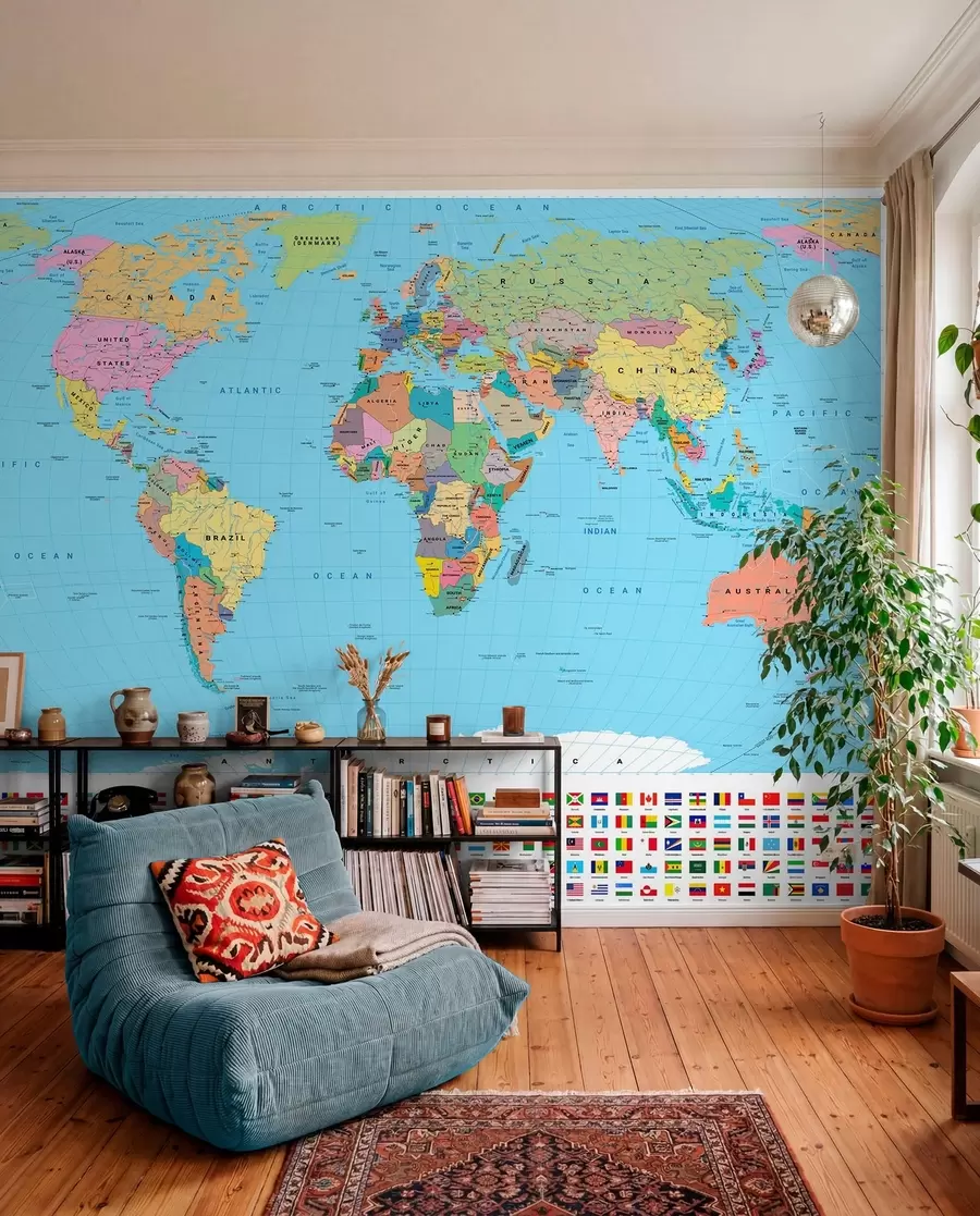 murales de pared Un mapa político del mundo a color con banderas, en inglés c00004en