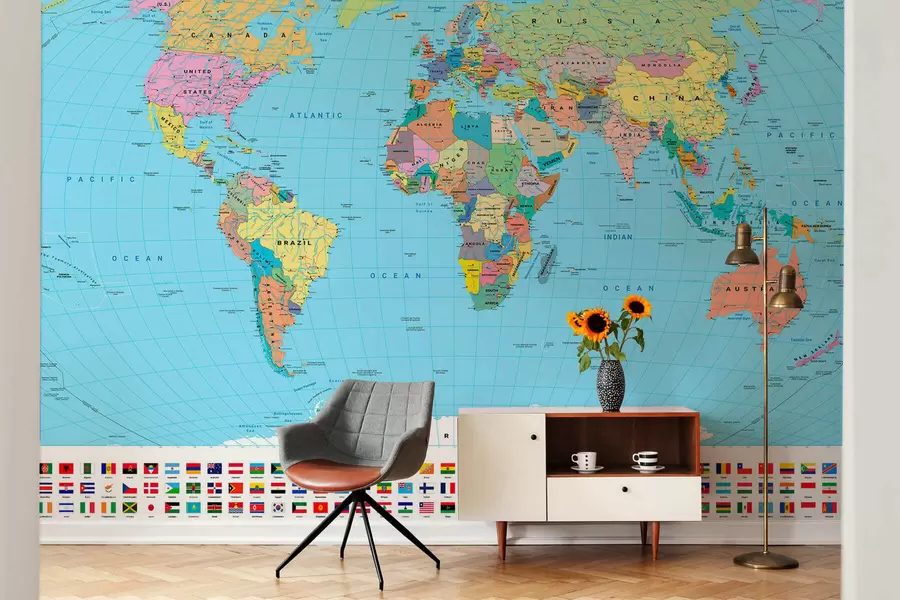 murales de pared Un mapa político del mundo a color con banderas, en inglés c00004en