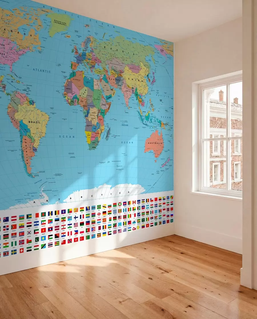 murales de pared Un mapa político del mundo a color con banderas, en inglés c00004en