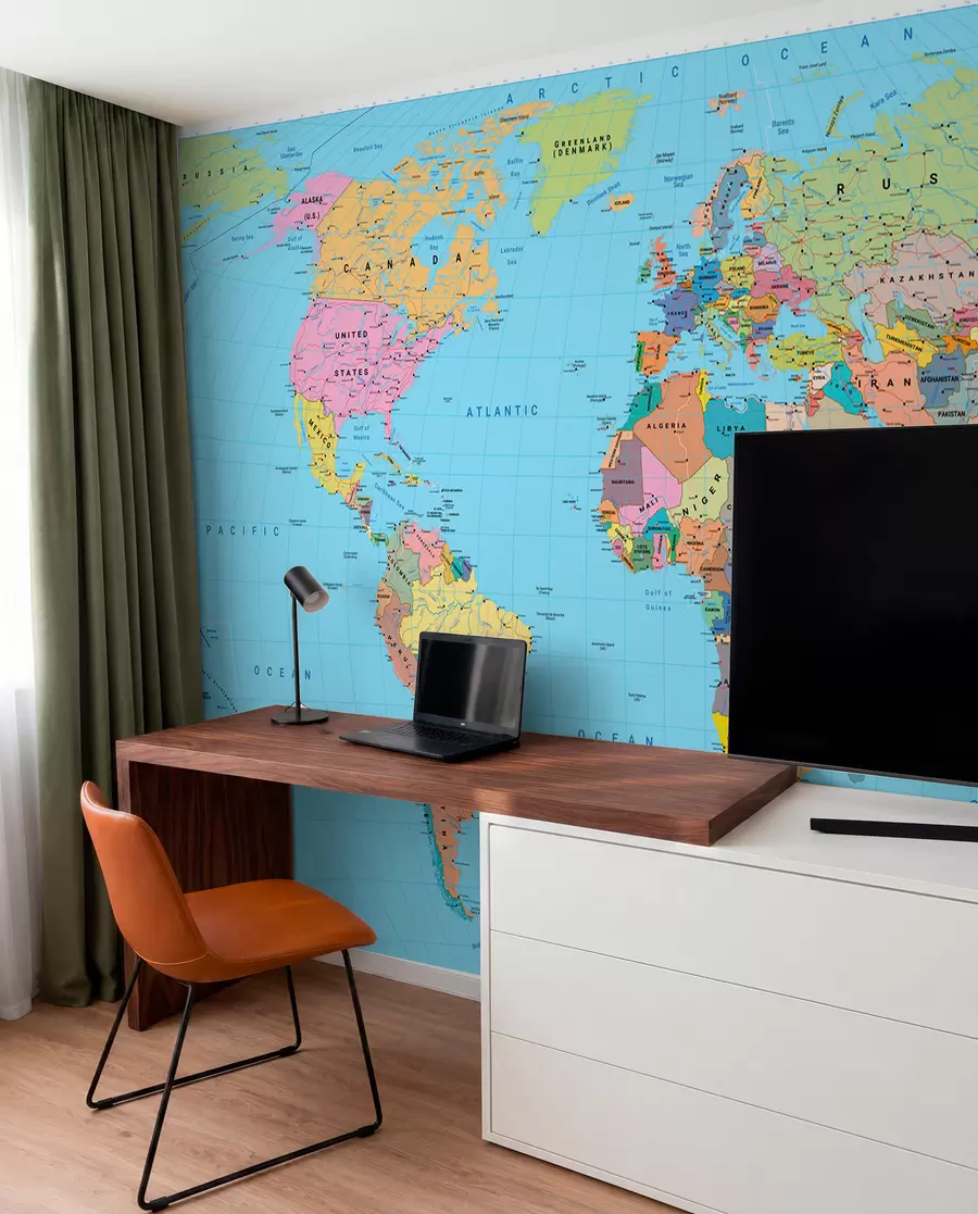 murales de pared Un mapa político del mundo a color con banderas, en inglés c00004en
