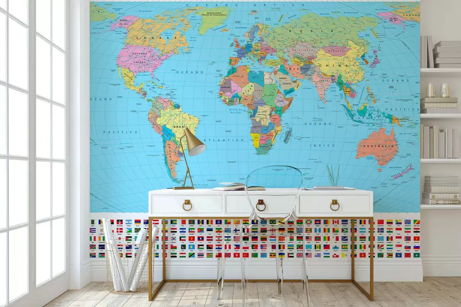 murales de pared Un mapa político del mundo en color verde oliva con banderas en español c00004es