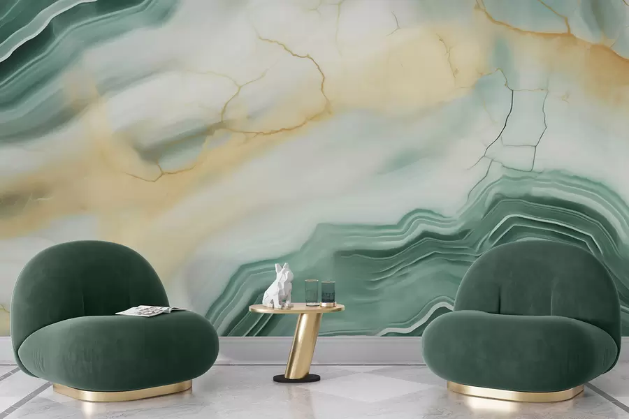 murales de pared Imitación de un patrón abstracto con textura de mármol, en tonos verdes y amarillos w05587