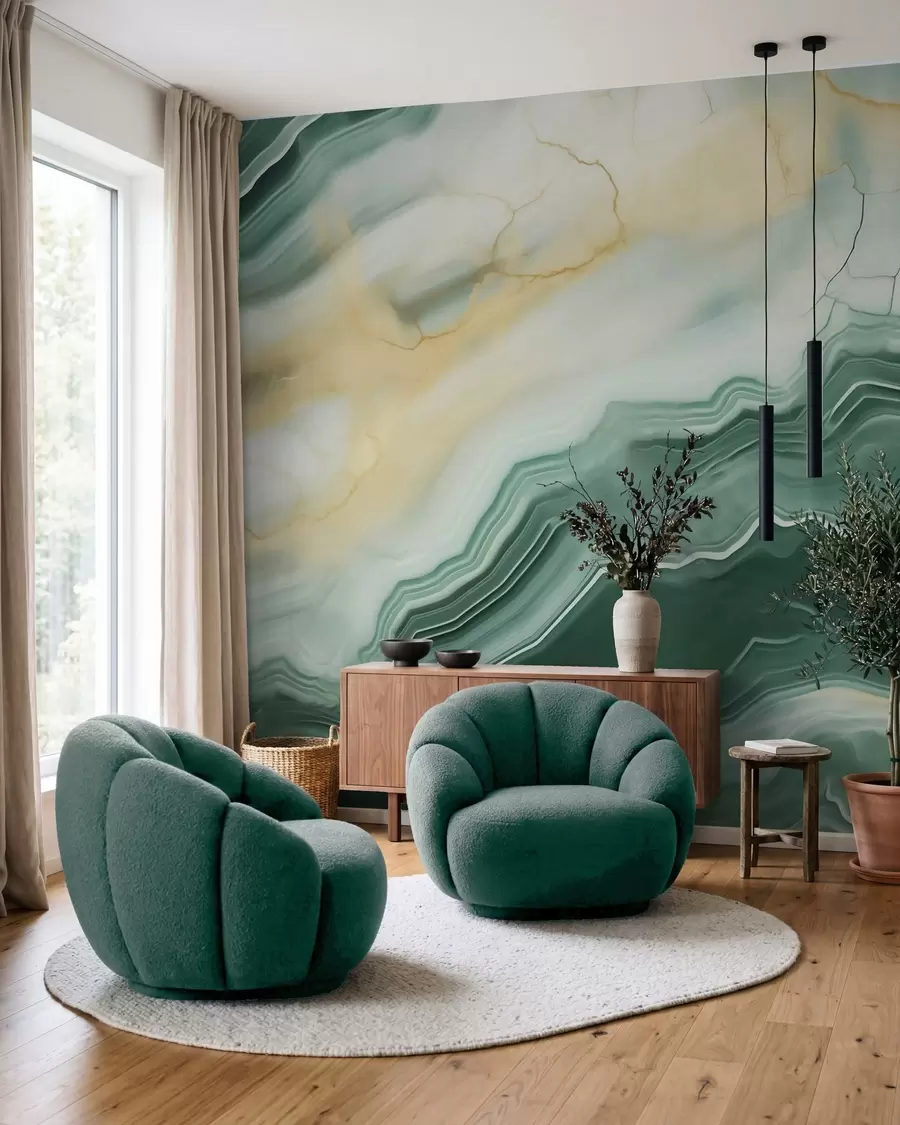 murales de pared Imitación de un patrón abstracto con textura de mármol, en tonos verdes y amarillos w05587