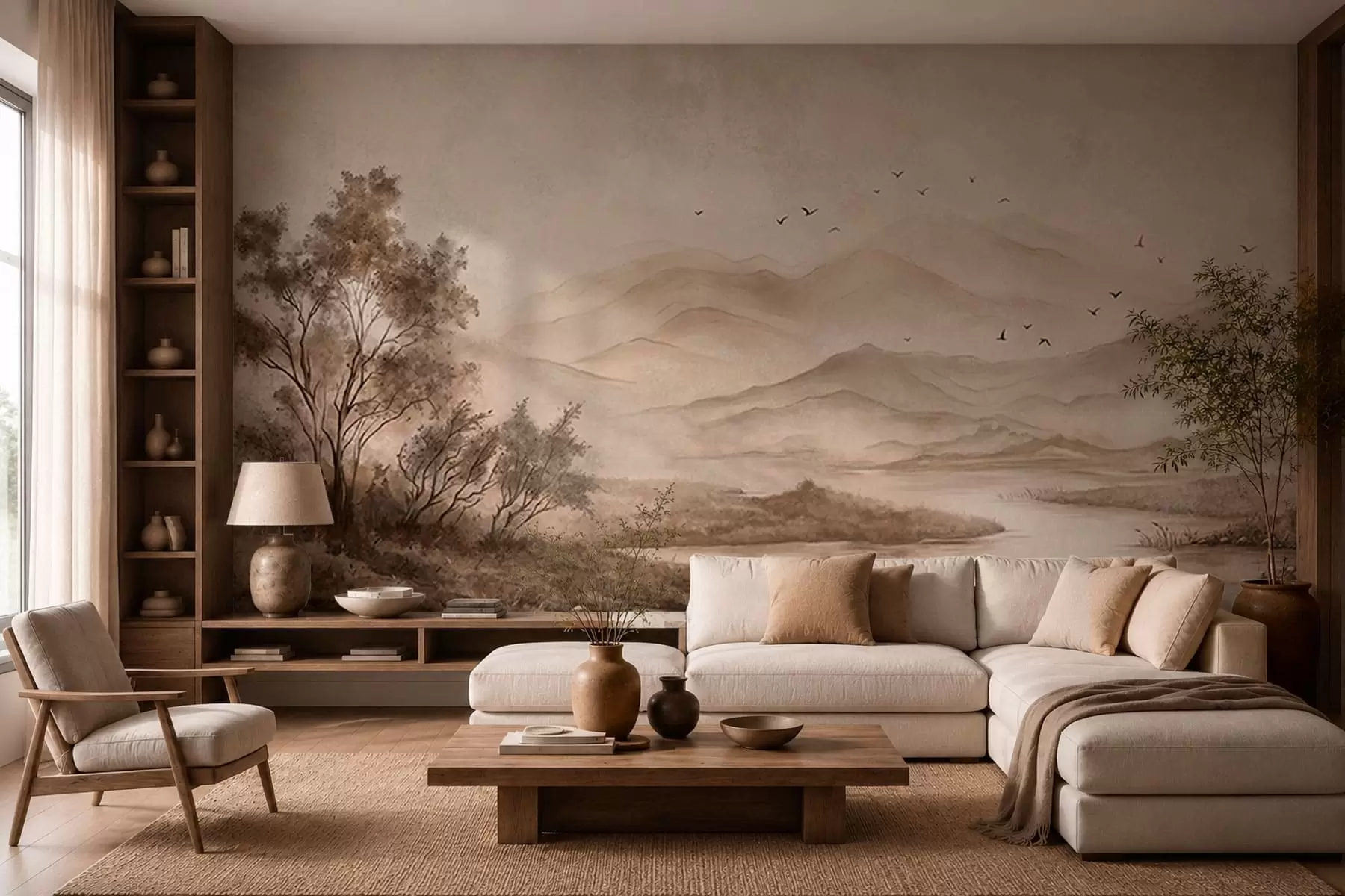 murales de pared Paisaje de montaña brumoso con un río y pájaros w05535