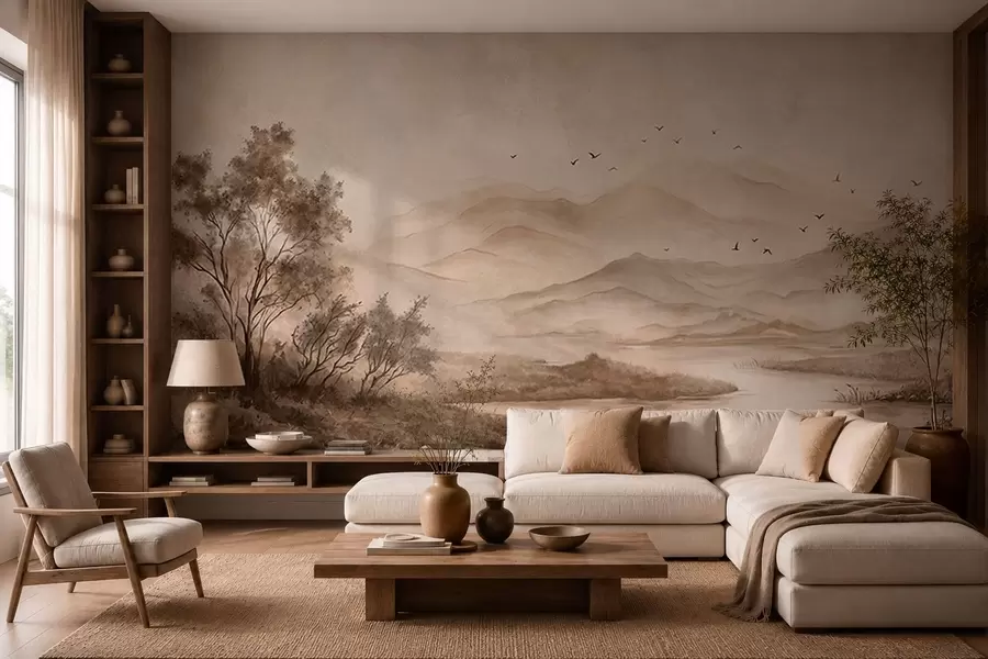 murales de pared Paisaje de montaña brumoso con un río y pájaros w05535