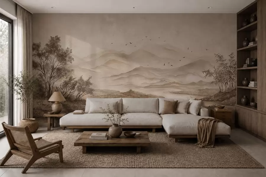 murales de pared Paisaje de montaña brumoso con un río y pájaros w05535