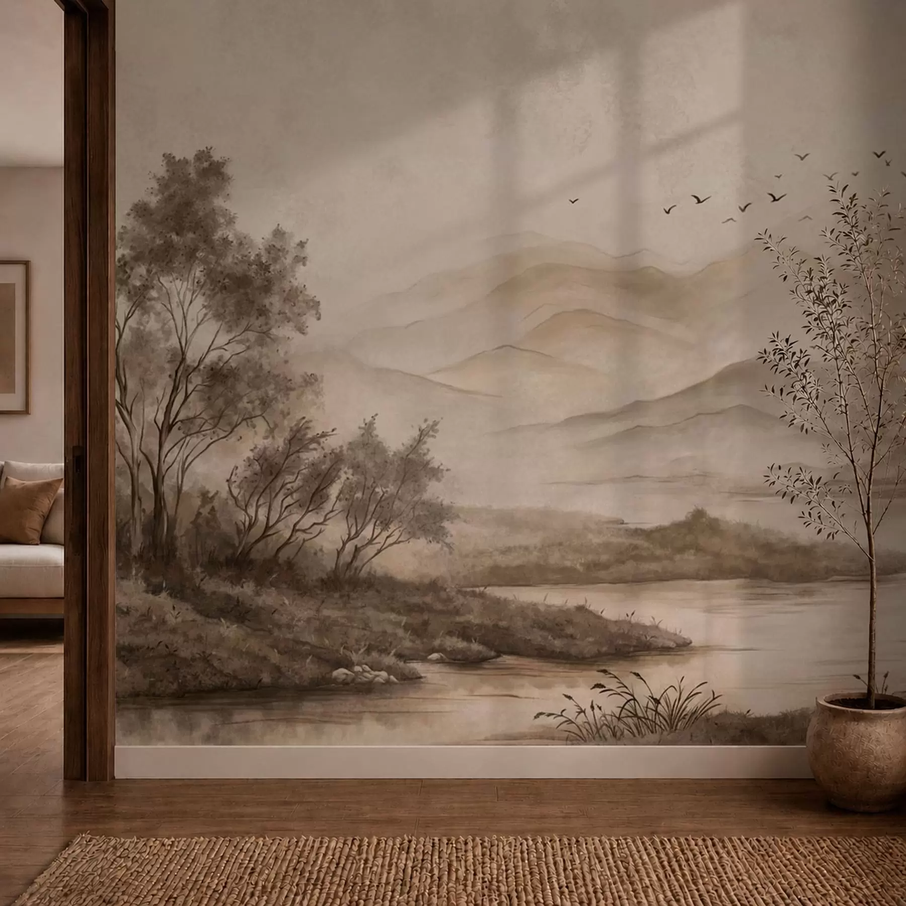murales de pared Paisaje de montaña brumoso con un río y pájaros w05535