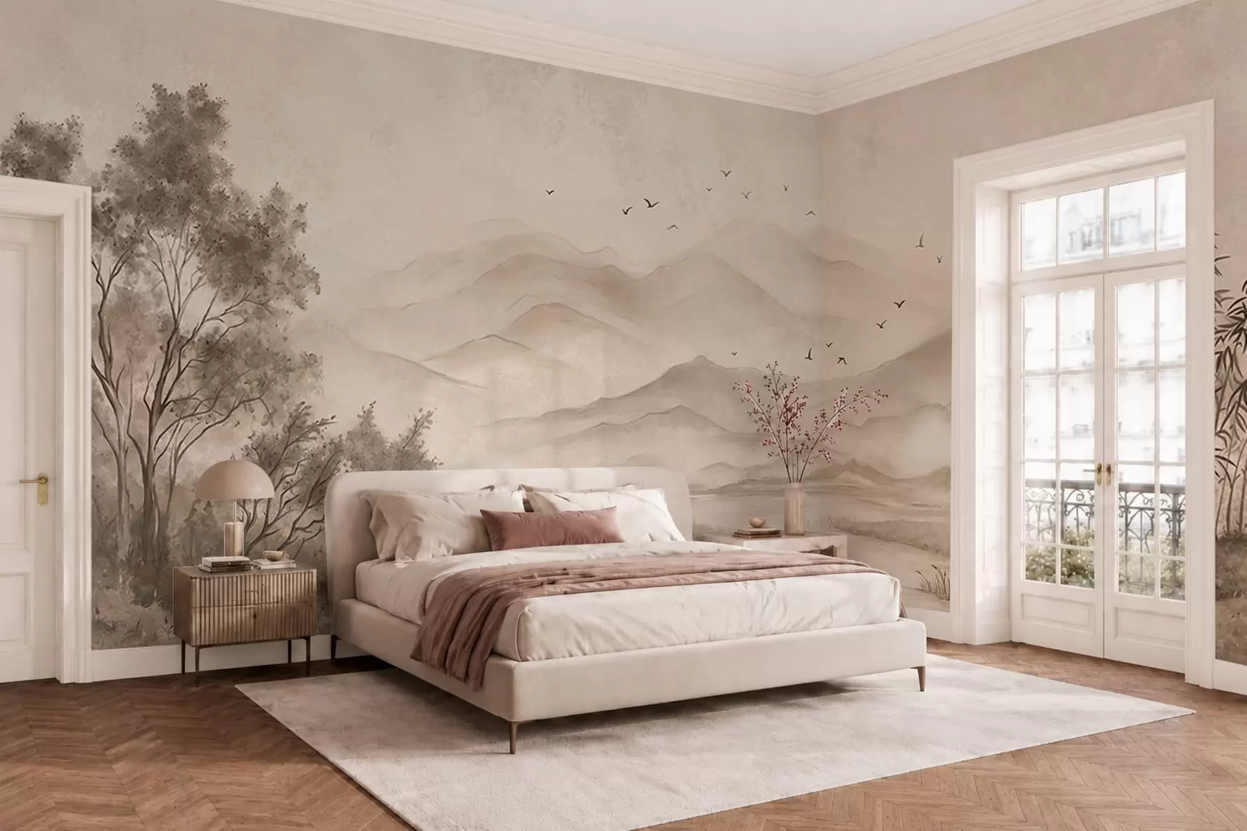 murales de pared Paisaje tranquilo con un río y montañas en la lejanía w05535v1